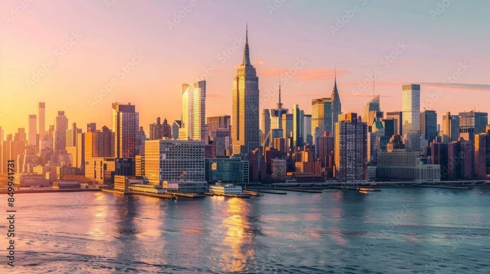 Obraz premium Panoramic view of New York City skyline at sunset with the iconic Empire State Building, reflecting on the Hudson River under a clear sky and warm sunlight.