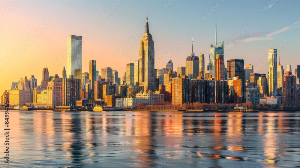 Panoramic view of New York City skyline at sunset with the iconic Empire State Building, reflecting on the Hudson River under a clear sky and warm sunlight. Panoramic view of New York City skyline at sunset with the iconic Empire State Building, reflecting on the Hudson River under a clear sky and warm sunlight.