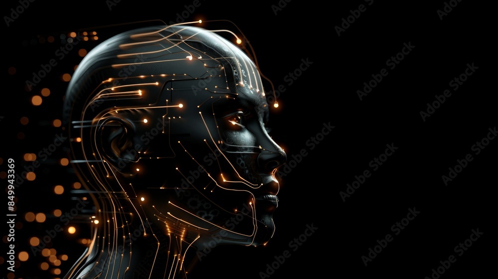 Side profile of a futuristic artificial intelligence computer head with glowing lines and data. Modern and digital background Side profile of a futuristic artificial intelligence computer head with glowing lines and data. Modern and digital background