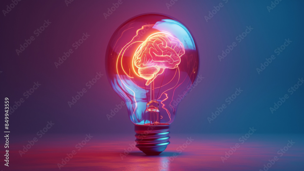 Neon light bulb with a brain inside, symbolizing innovation, creativity, and ideas against a gradient background. Neon light bulb with a brain inside, symbolizing innovation, creativity, and ideas against a gradient background.