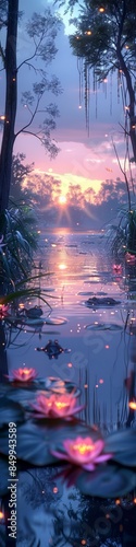 A pond or lake with pink lotus blossoms and sparkling fireflies.
