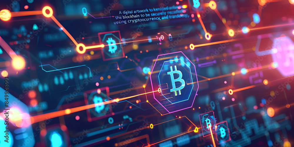 Digital Bitcoin network with glowing connections, Blockchain technology in a decentralized system