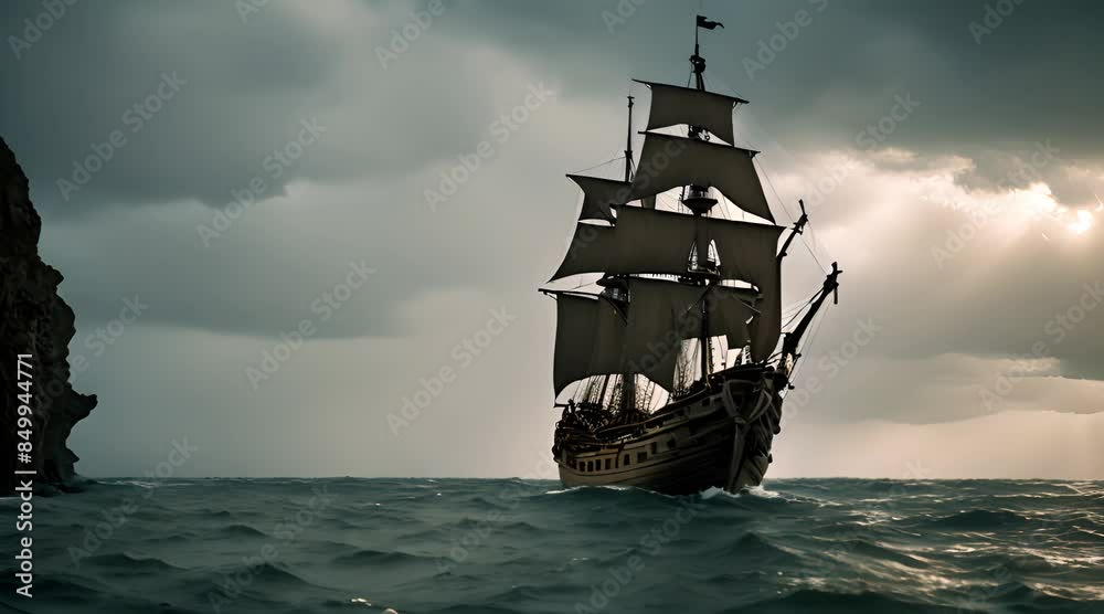 pirate ship sailing into a mystical sea cave, seeking shelter from a storm pirate ship sailing into a mystical sea cave, seeking shelter from a storm