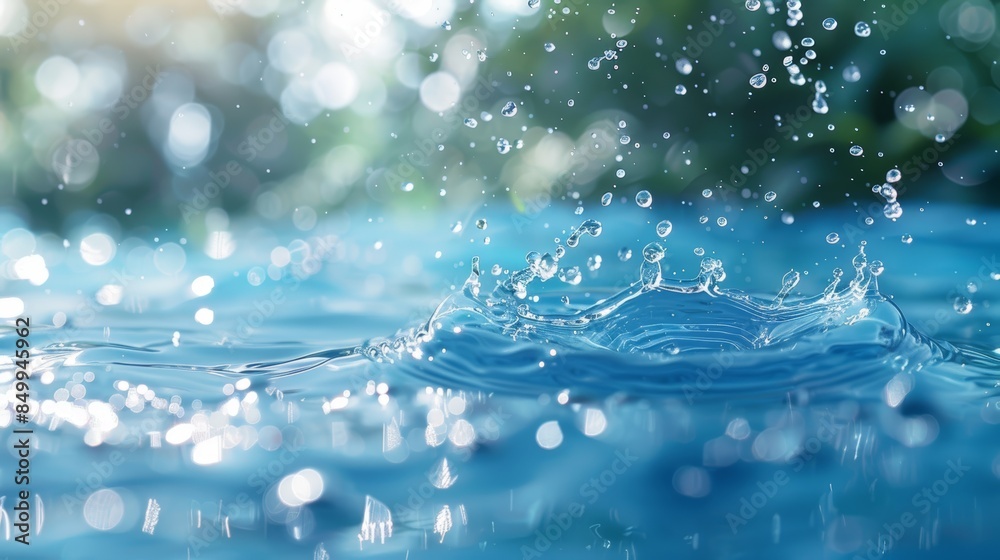 Water droplets splash and create ripples on a calm blue surface. The ...