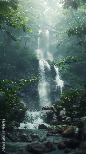 Enchanting Misty Forest with Cascading Waterfall and Crystal Clear Sky for a peaceful retreat. © Be Naturally