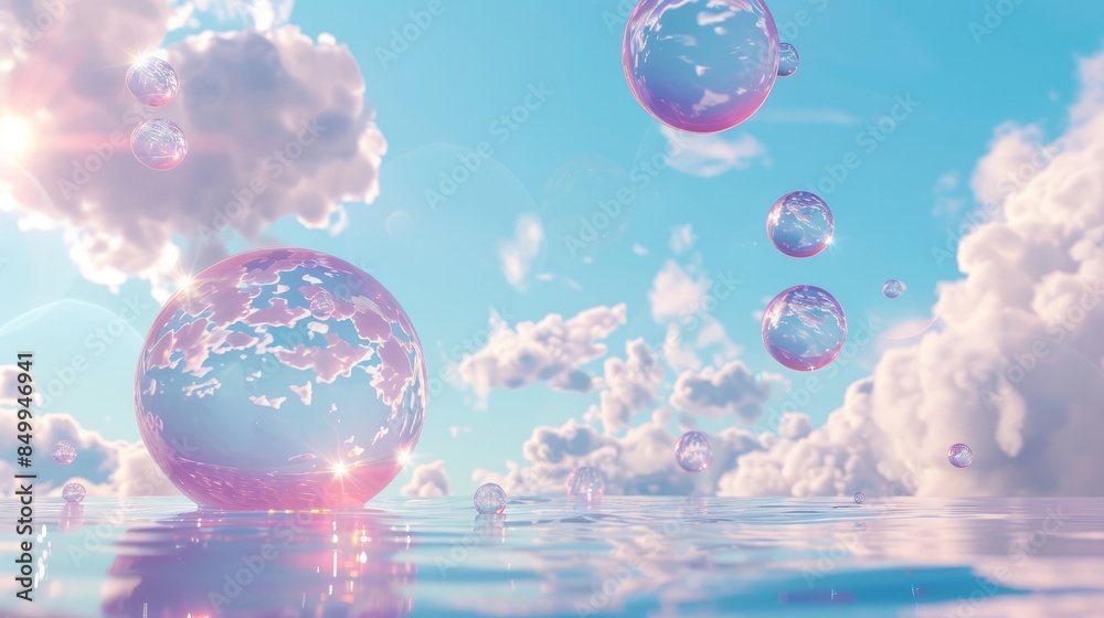 Soap bubbles on sea water with clouds and sky in the background the beautiful one, with copy space for text Soap bubbles on sea water with clouds and sky in the background the beautiful one, with copy space for text