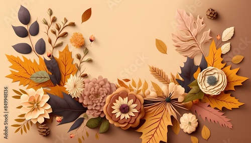 Autumn background with flowers and leaves. 3d vector illustration. photo