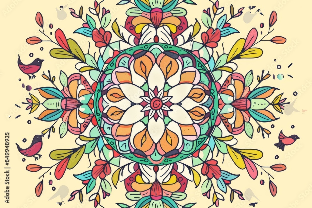 Cartoon cute doodles of a mandala with peaceful elements like doves and olive branches, Generative AI