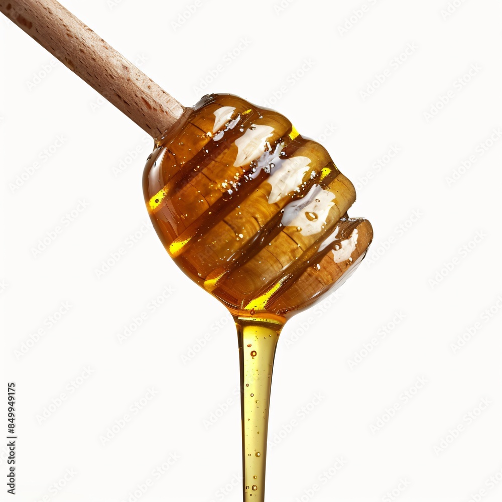 honey fall from wooden dipper. Drizzling rich, golden honeyonto white background. Natural food and culinary concept.