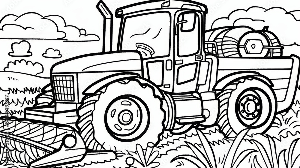 Black and white cartoon of a farm tractor working in a wheat field, suitable for coloring books or agricultural education.