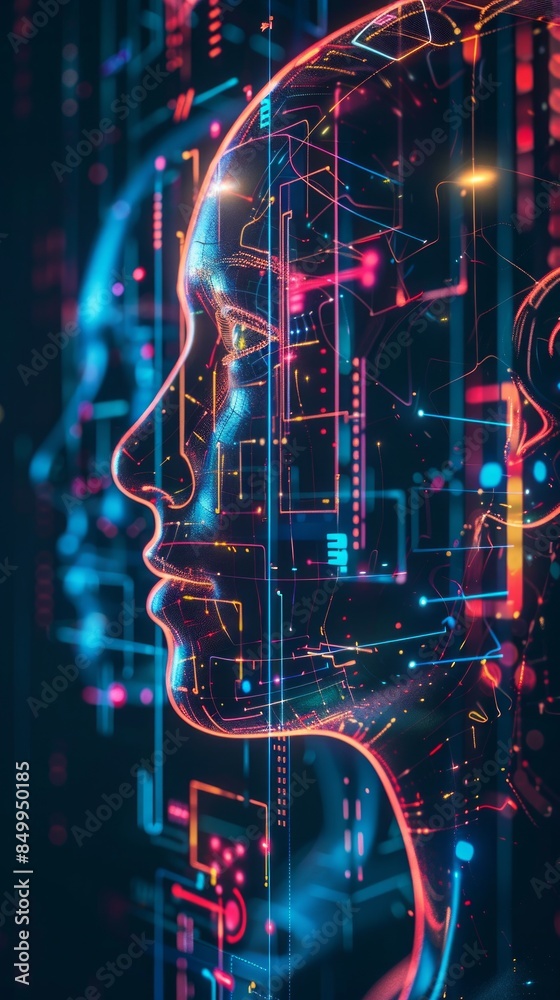 Side profile of a futuristic artificial intelligence computer head with glowing lines and data. Digital background Side profile of a futuristic artificial intelligence computer head with glowing lines and data. Digital background