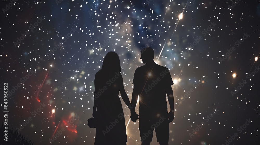 Silhouette of a couple holding hands under a starry night sky, expressing love, wonder, and the beauty of the universe. Silhouette of a couple holding hands under a starry night sky, expressing love, wonder, and the beauty of the universe.