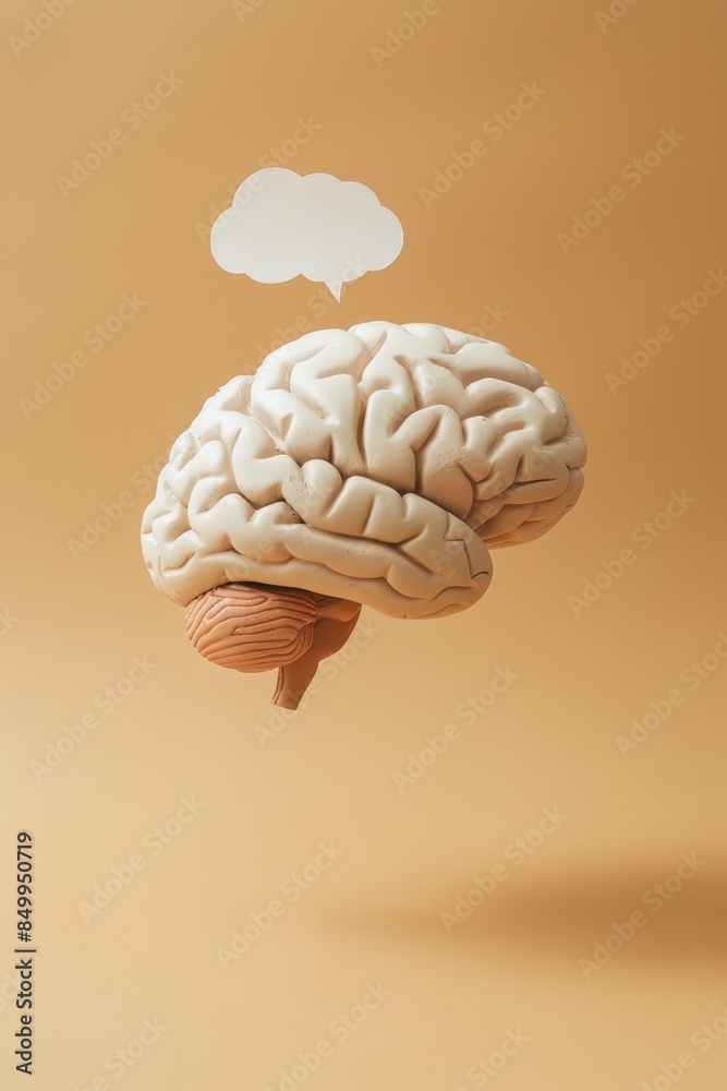 A brain with a speech bubble above it. The speech bubble is in the middle of the brain and is written in a foreign language A brain with a speech bubble above it. The speech bubble is in the middle of the brain and is written in a foreign language