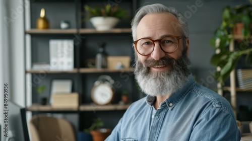 Indoor image of smart handsome cute bald grandfather in stylish checkered shirt with beard standing in his cabinet at home with crossed hands, looking at camera with kind warm smile © Nataliya