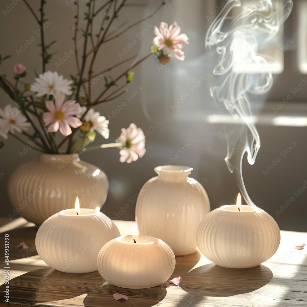 Lit scented candles on stylish table, pastel flower vase, smoke wafting, warm happy ambiance Lit scented candles on stylish table, pastel flower vase, smoke wafting, warm happy ambiance