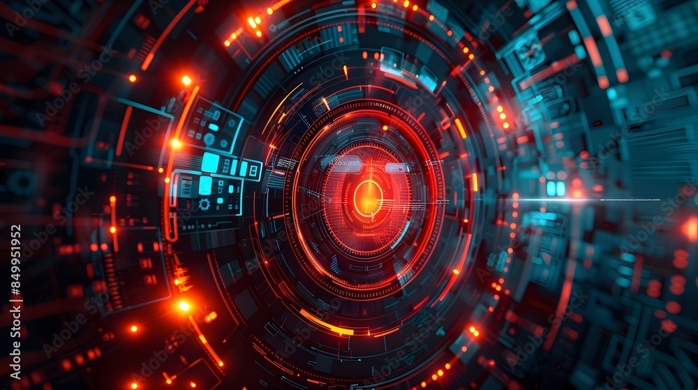 A glowing red circle in the center of a blue and orange background. The circle is surrounded by a series of smaller circles and squares. The image has a futuristic and technological feel to it A glowing red circle in the center of a blue and orange background. The circle is surrounded by a series of smaller circles and squares. The image has a futuristic and technological feel to it