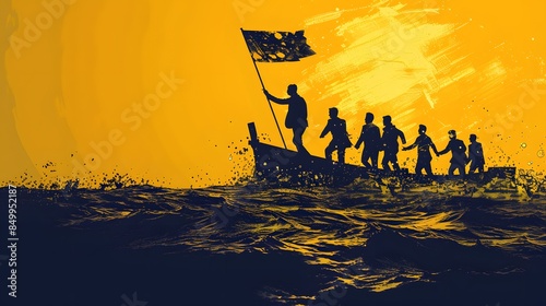 A group of people are rowing a boat with a flag. The flag is black and white