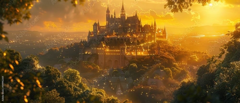 A majestic castle on a hilltop, bathed in golden sunset light, surrounded by lush greenery, wide-angle, grand and historical., Leading lines, centered in frame, natural light A majestic castle on a hilltop, bathed in golden sunset light, surrounded by lush greenery, wide-angle, grand and historical., Leading lines, centered in frame, natural light
