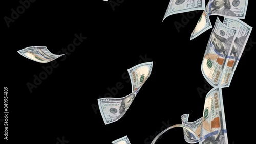 Dollars animation falling free on black background for overlays with alpha matte blending