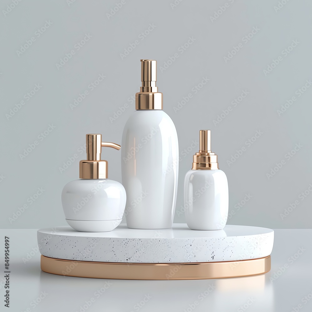 Elegant white foam packaging bottles on elegant display stand, white background, feeling of luxury and beauty Elegant white foam packaging bottles on elegant display stand, white background, feeling of luxury and beauty