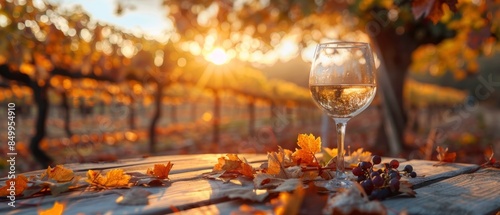 A picturesque vineyard at sunset, rows of grapevines, golden light filtering through leaves, a wine glass on a rustic table, wide-angle, warm and inviting., Leading lines, centered in frame, natural