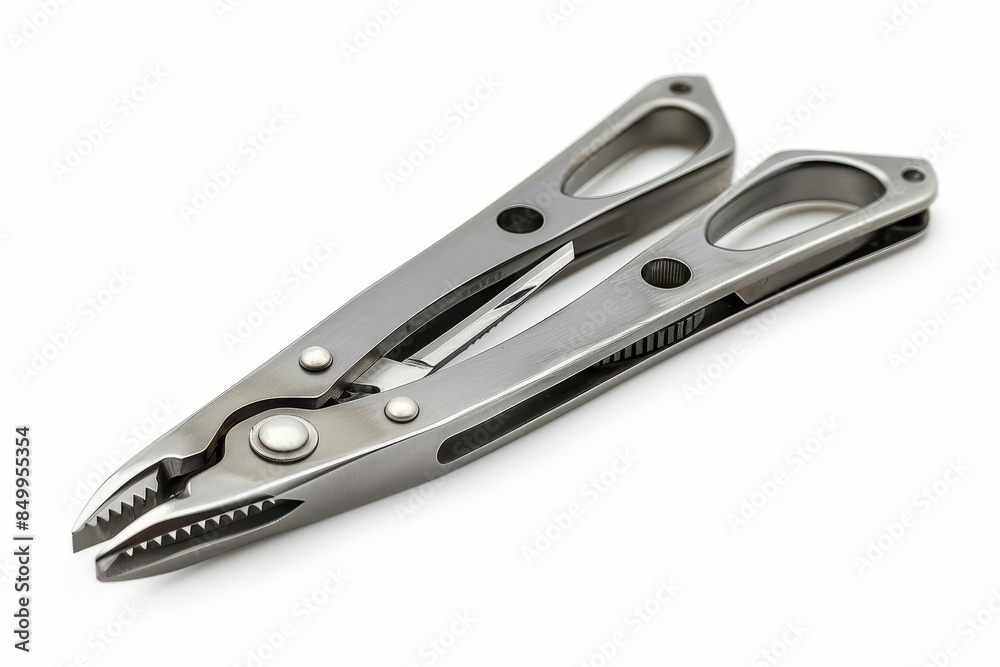 Obraz premium A set of aluminum fishing pliers with a spring-loaded handle and replaceable tungsten carbide cutters, white background