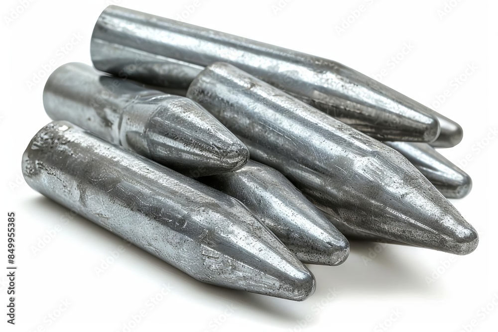 A set of tungsten fishing sinkers with a bullet shape, white background A set of tungsten fishing sinkers with a bullet shape, white background