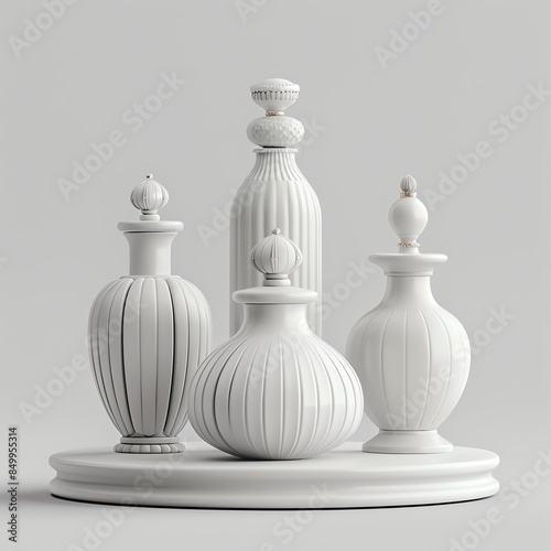 Elegant white foam bottles, luxurious display stand, white background, feeling of beauty and sophistication