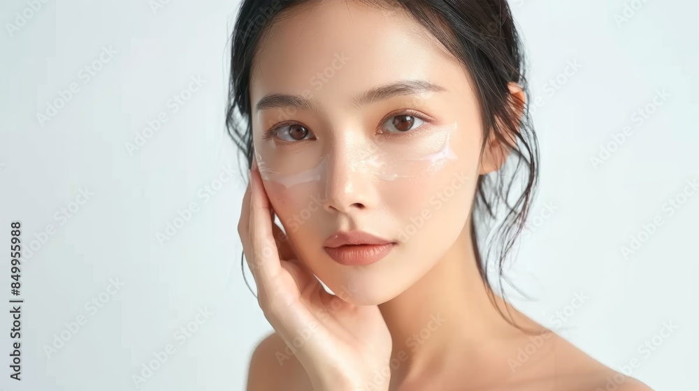 A young woman with flawless skin applies moisturizer to her face. She looks directly at the camera with a confident expression. A young woman with flawless skin applies moisturizer to her face. She looks directly at the camera with a confident expression.