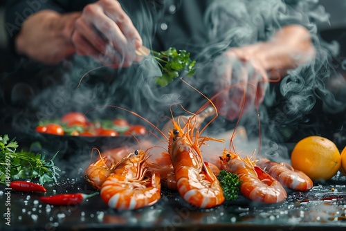 A chef garnishes a plate of grilled prawns with parsley. The prawns are arranged on a black surface with lemon, tomatoes, and chili peppers