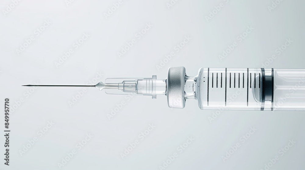 Close-up of a medical syringe with a clear liquid against white background Close-up of a medical syringe with a clear liquid against white background
