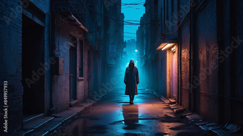 Cyberpunk neon mysterious solitude character at the street with neon lights in the city of future dark dystopian city © UniklyImaginative