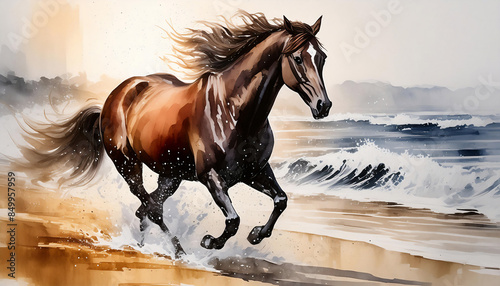 Racehorse running along the seaside painted in watercolor. photo