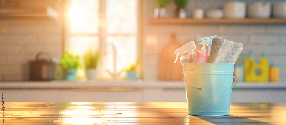 cleaning washing set items on wooden table and blurry modern kitchen background cleaning washing set items on wooden table and blurry modern kitchen background