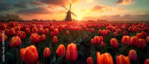 A picturesque windmill in a tulip field at sunrise, vibrant tulips in full bloom, soft golden light, wide-angle, dreamy and colorful., Leading lines, centered in frame, natural light #849958162