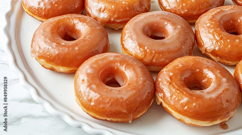 Close-up of glazed donuts arranged neatly on white serving dish Close-up of glazed donuts arranged neatly on white serving dish