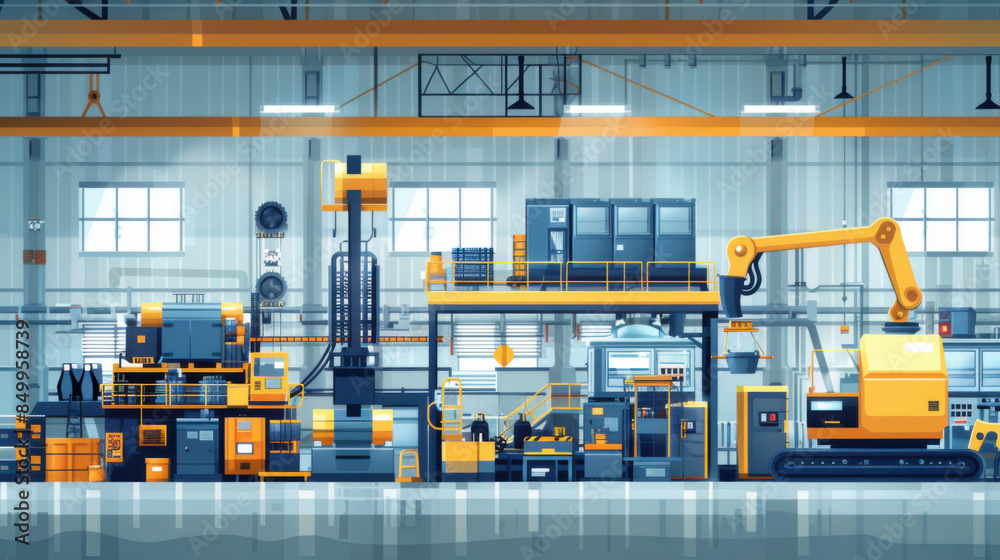 Interior of a high-tech manufacturing factory with automated machinery and robotic arms in operation. Interior of a high-tech manufacturing factory with automated machinery and robotic arms in operation.
