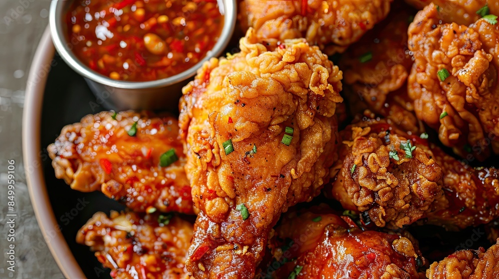 Close-up of succulent golden fried chicken pieces with side of tangy chili dip Close-up of succulent golden fried chicken pieces with side of tangy chili dip