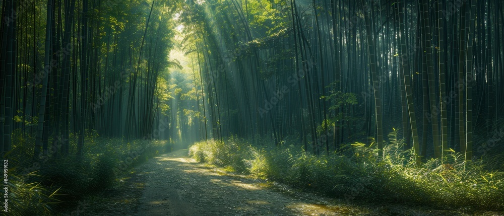 Fototapeta premium A tranquil bamboo forest with sunlight filtering through, a winding path, soft rustling of leaves, wide-angle, peaceful and green., Leading lines, centered in frame, natural light