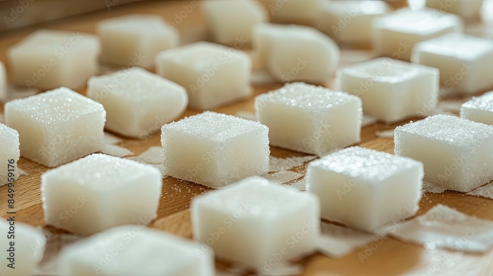 Close-up of white sugar cubes arranged neatly in rows on wooden surface Close-up of white sugar cubes arranged neatly in rows on wooden surface