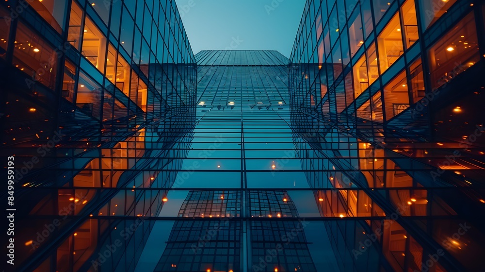 Fototapeta premium A tall building with many windows and lights shining through them