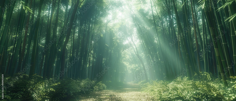 Fototapeta premium A tranquil bamboo forest with sunlight filtering through, a winding path, soft rustling of leaves, wide-angle, peaceful and green., Leading lines, centered in frame, natural light