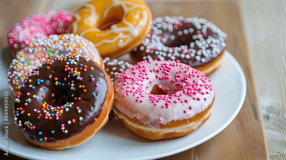 Colorful donuts placed delicately on clean white serving plate with copyspace
