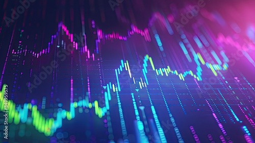 Colorful stock market chart with gradient lines and positive growth on desktop monitor