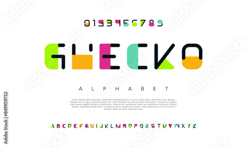 Ghecko creative geometric modern urban alphabet font. Digital abstract futuristic, fashion, sport, minimal technology typography. Simple numeric vector illustration © designfourmonths