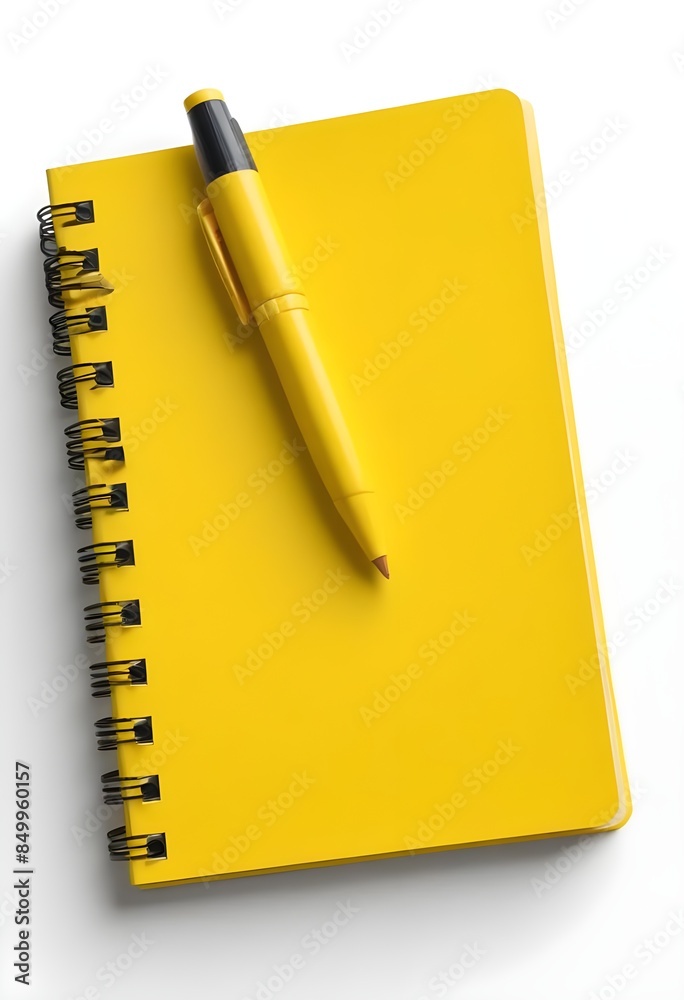 A yellow spiral notebook with a yellow pen on a white background A yellow spiral notebook with a yellow pen on a white background