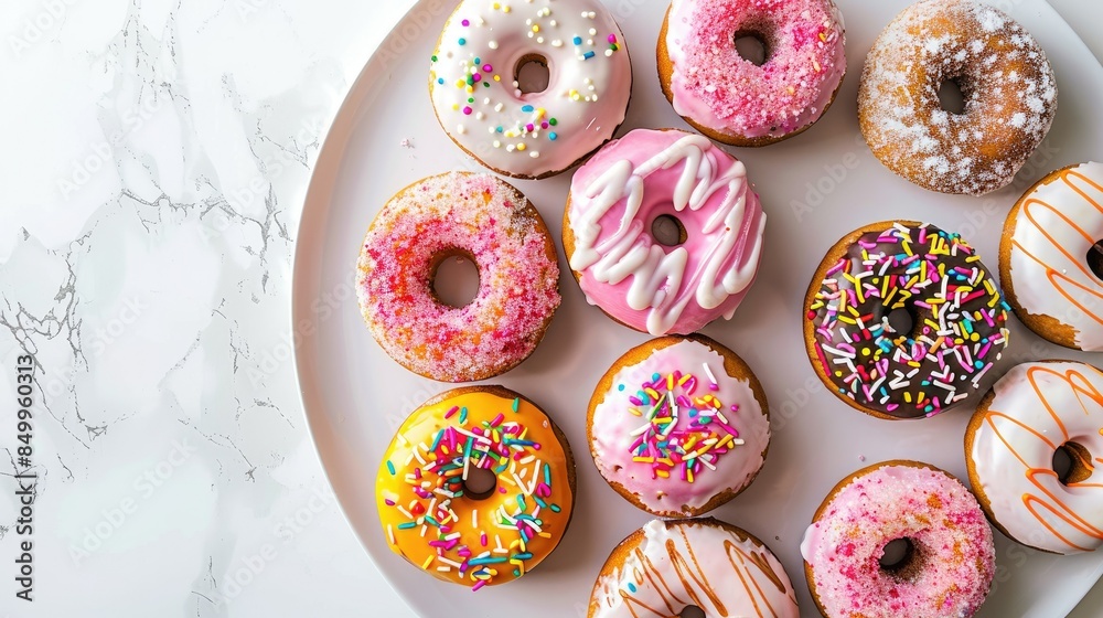 Delicious donuts with icing and toppings arranged neatly on white platter Delicious donuts with icing and toppings arranged neatly on white platter