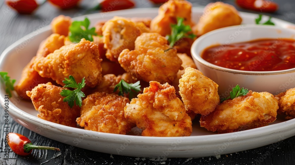 Delicious golden fried chicken pieces accompanied zesty chili sauce Delicious golden fried chicken pieces accompanied zesty chili sauce