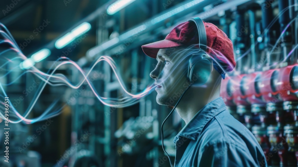 Obraz premium A factory worker wearing earmuffs near a loud machine, with sound waves visually depicted in a dynamic, high-energy style, in an industrial factory setting, emphasizing the danger
