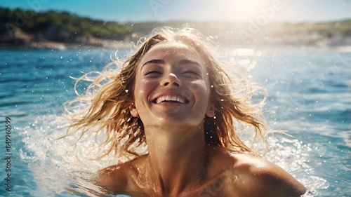 Joyful Woman Emerges from the Ocean